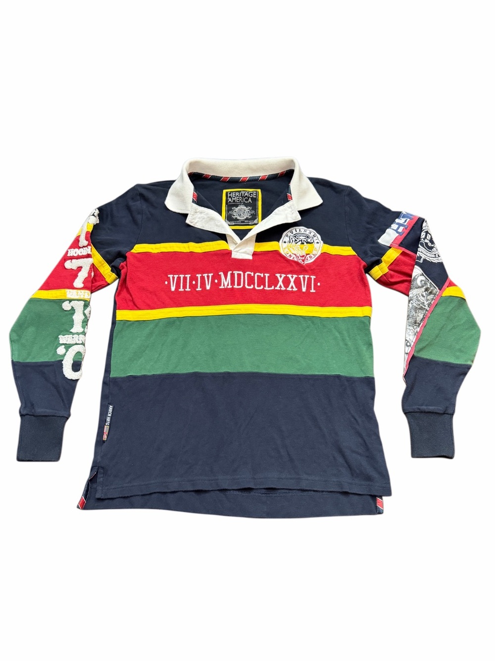 RARE Vtg Graphic Rugby Men's XL Polo Patch White Collar Long Sleeve 90s Y2K